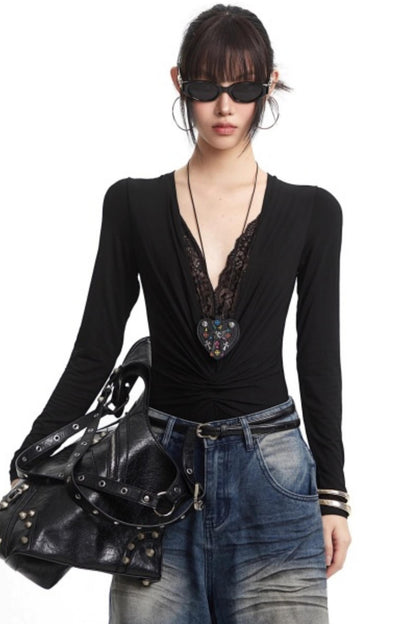 Lace Splicing V-Neck Top