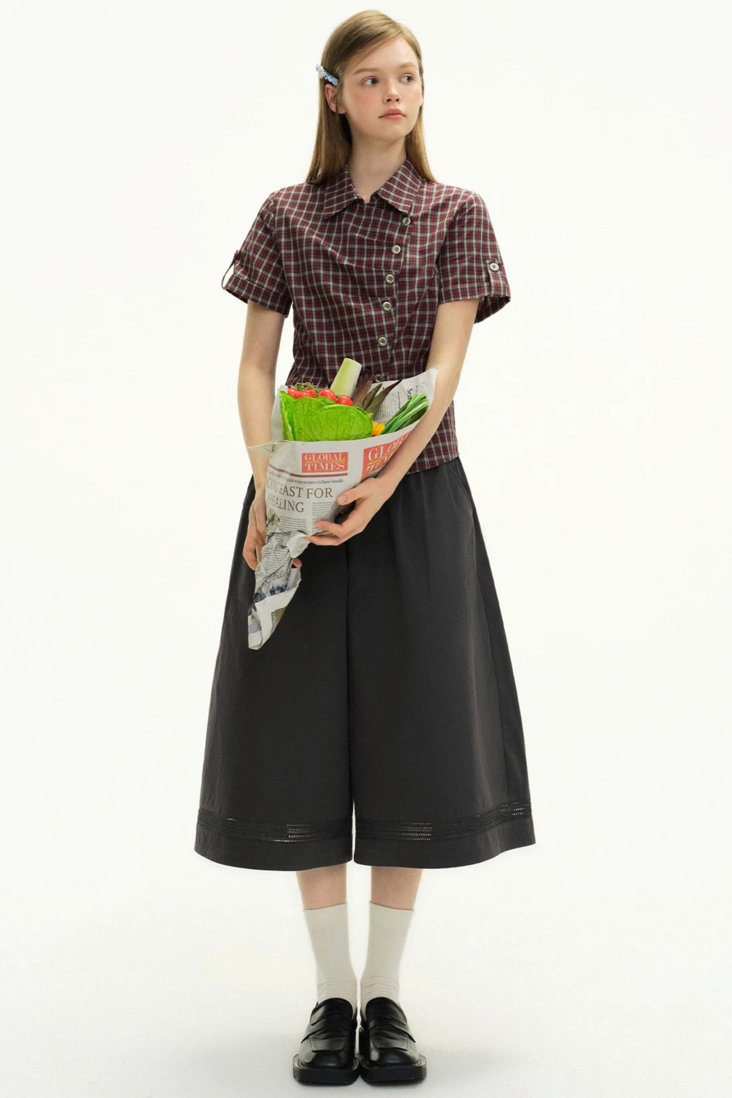 Diagonal Placket Plaid Blouse