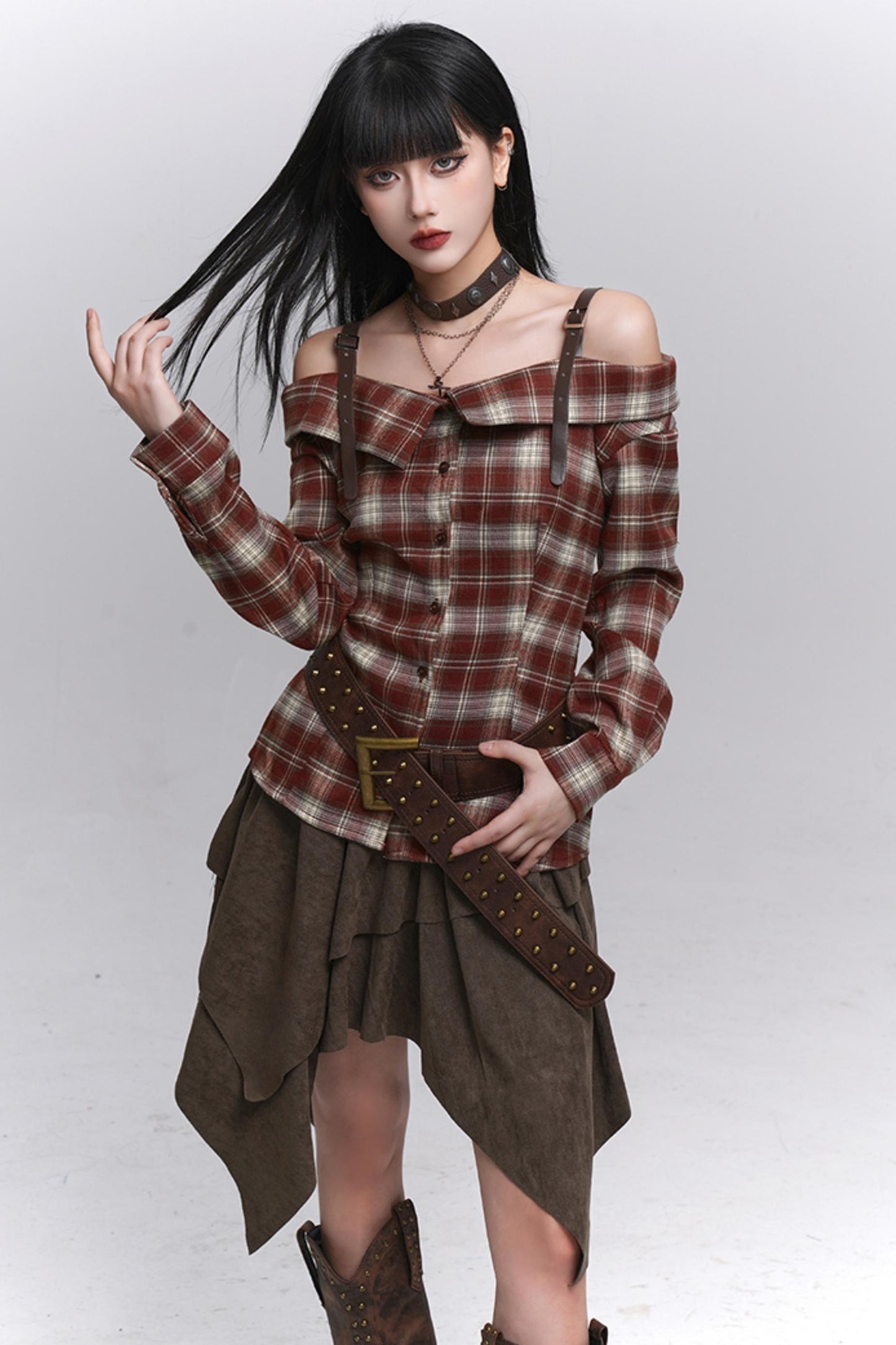 Autumn Check Off Shoulder Top