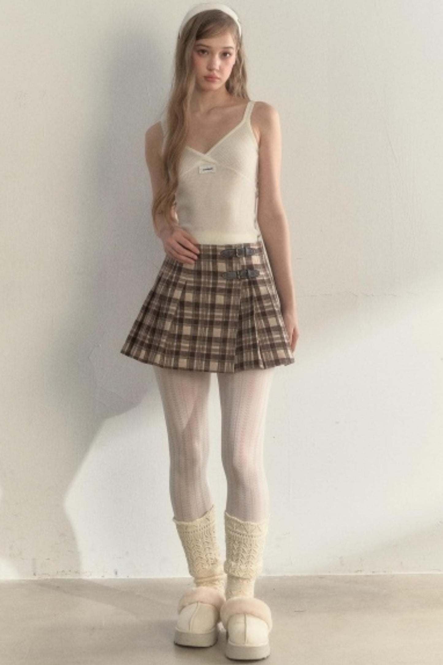 Plaid Leather Buckle Skirt