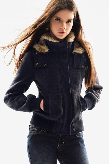 Fur Collar Textured Hooded Jacket
