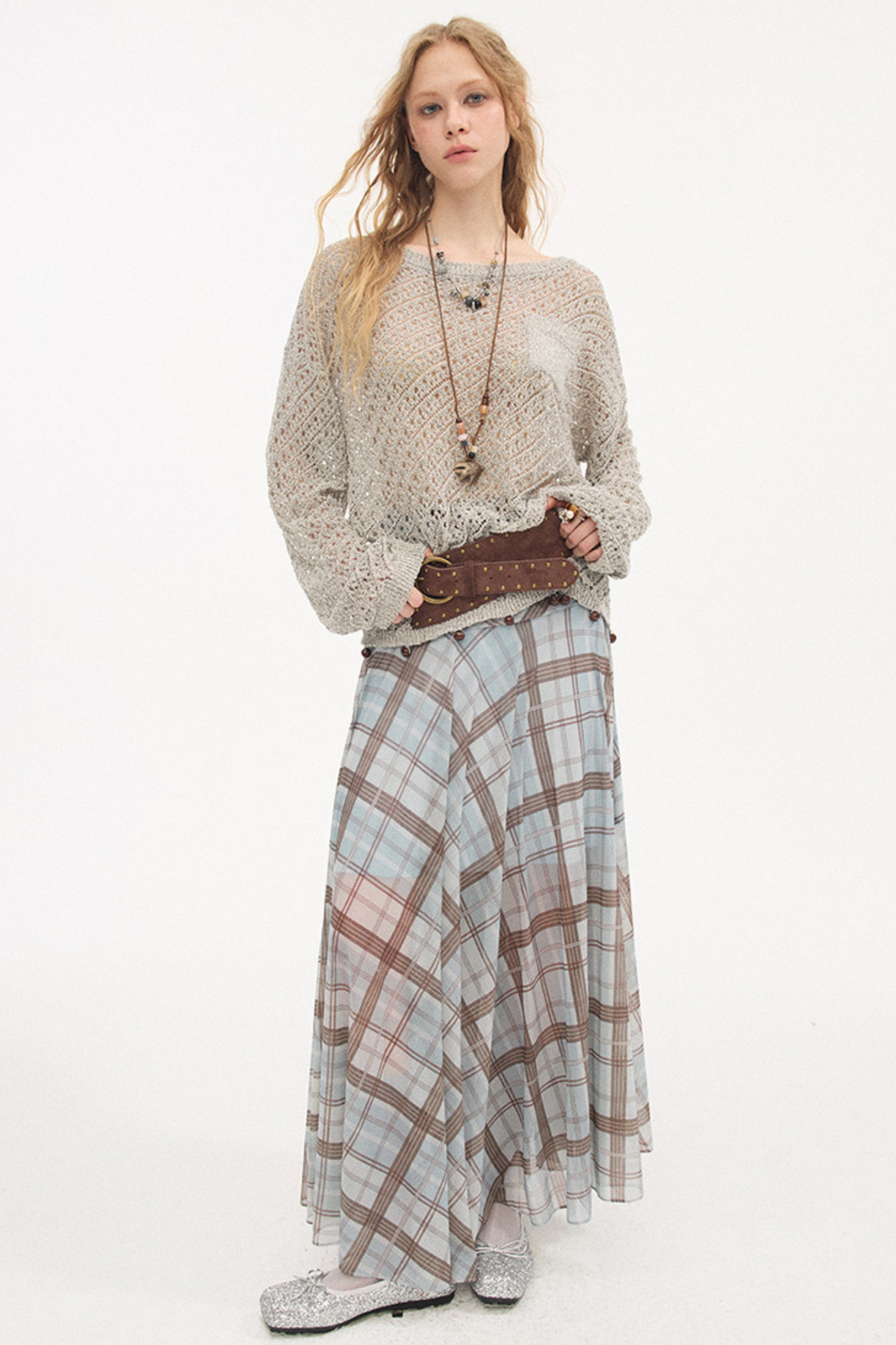 Diagonal Hollow Beaded Knit Sweater