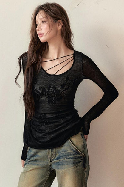 BLACK MESH DESIGN LONG SLEEVE TOP