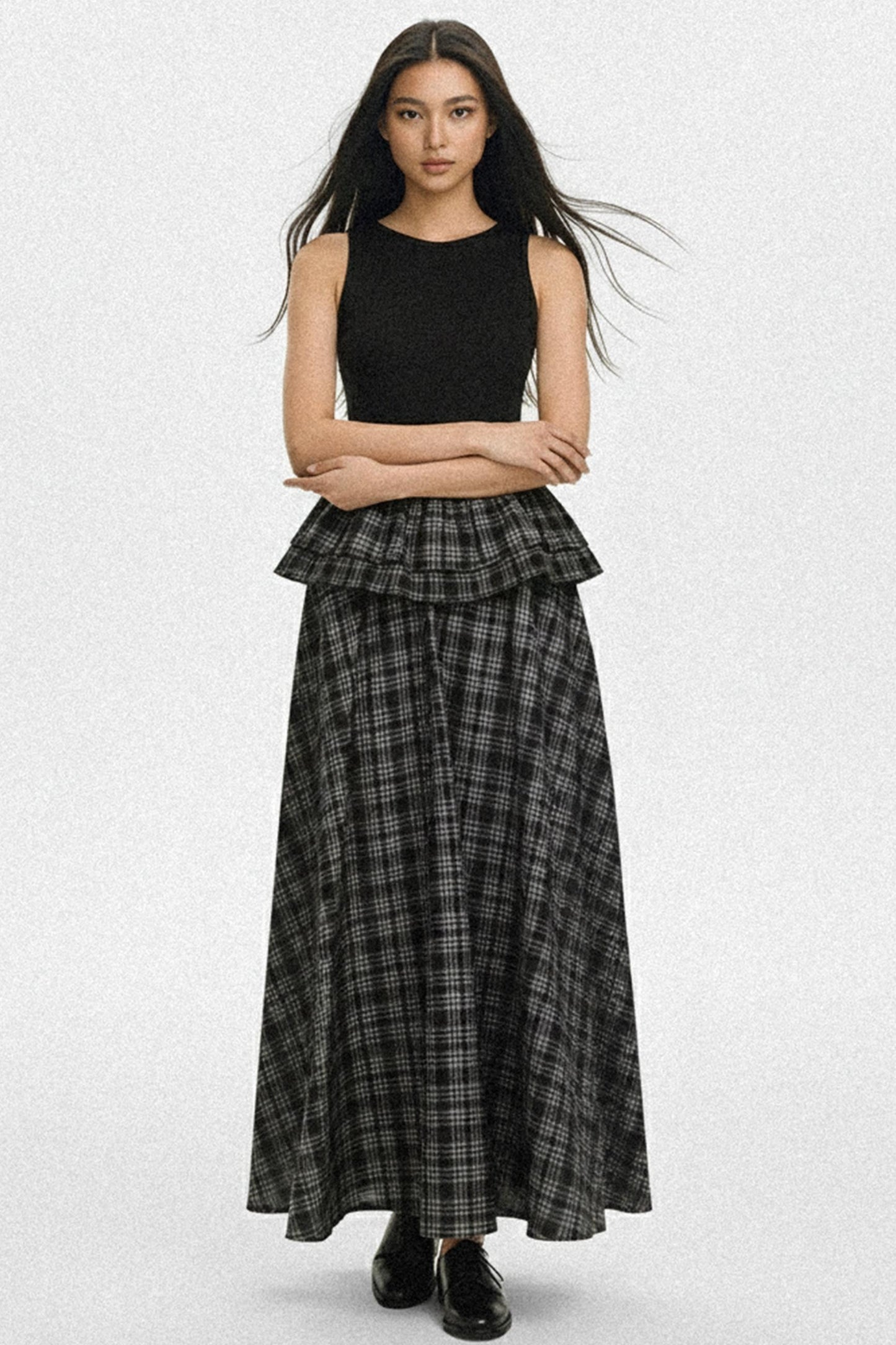 Knit Plaid V-Lace A-Line Maxi Dress