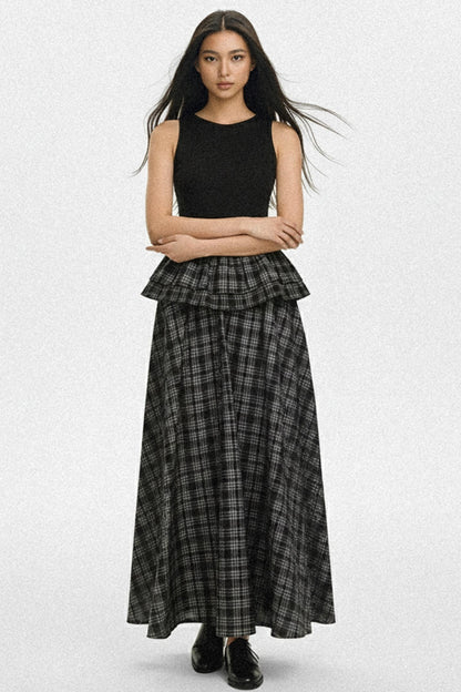Knit Plaid V-Lace A-Line Maxi Dress