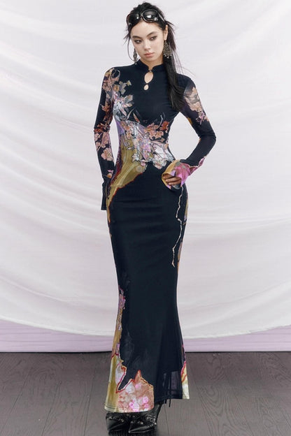 Contrast Color Cheongsam Dress