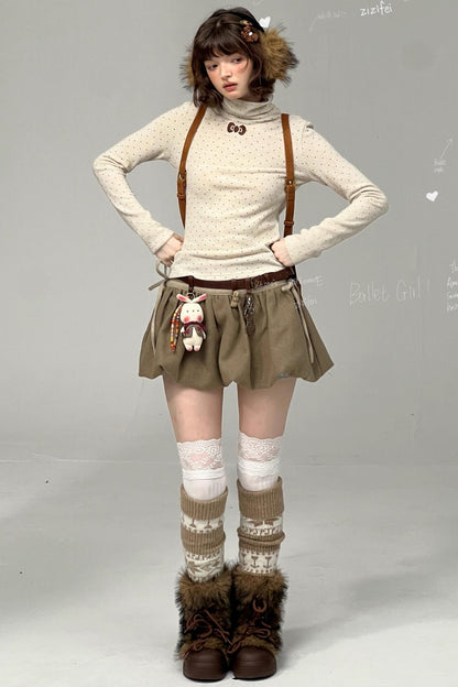 Retro Polka Dot High-Neck Long Sleeve T-Shirt