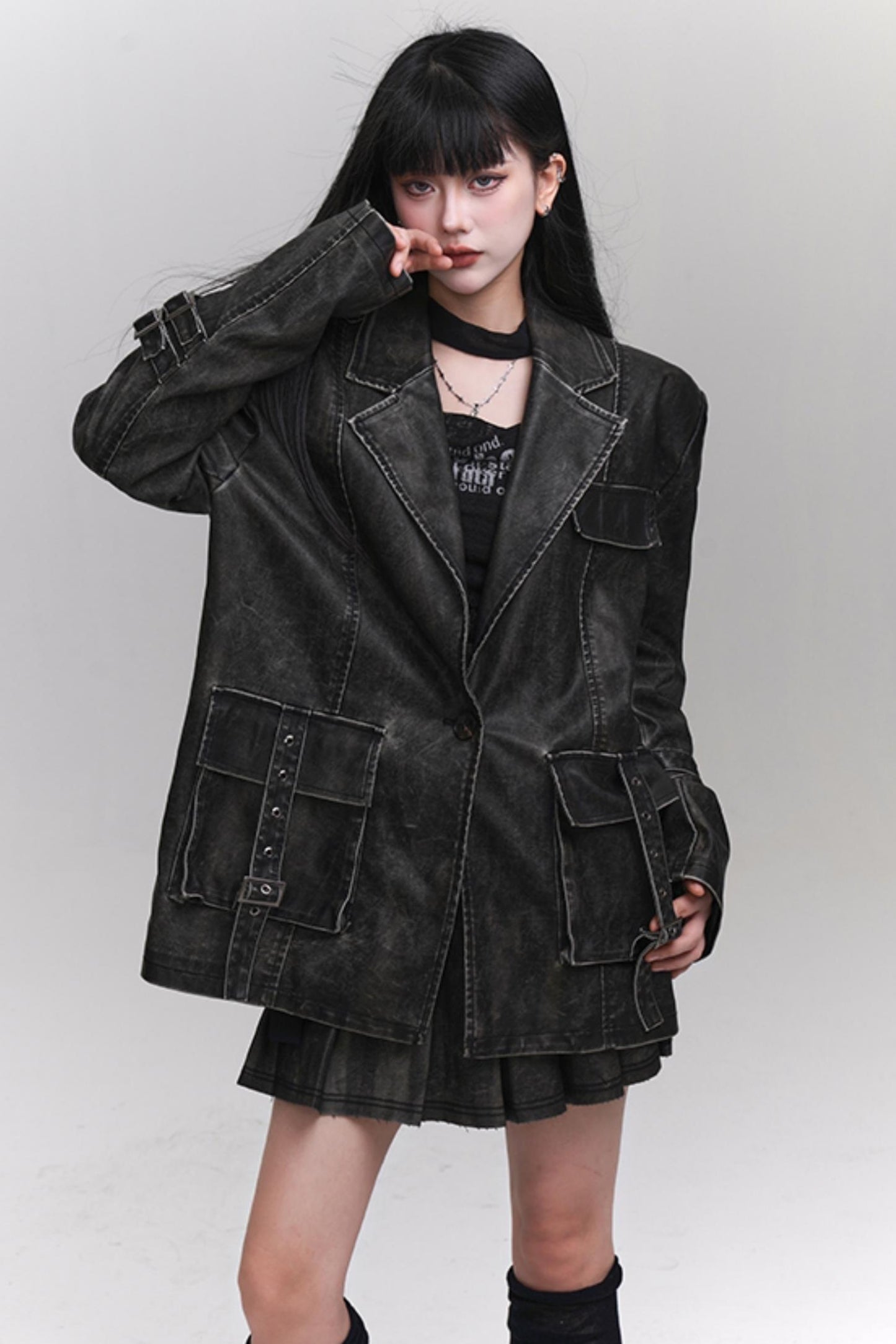 Ghost Girl Autumn and Winter Unique Super Good-looking Old Leather Jacket Women's 2024 New Cool Drag Sister Outfit