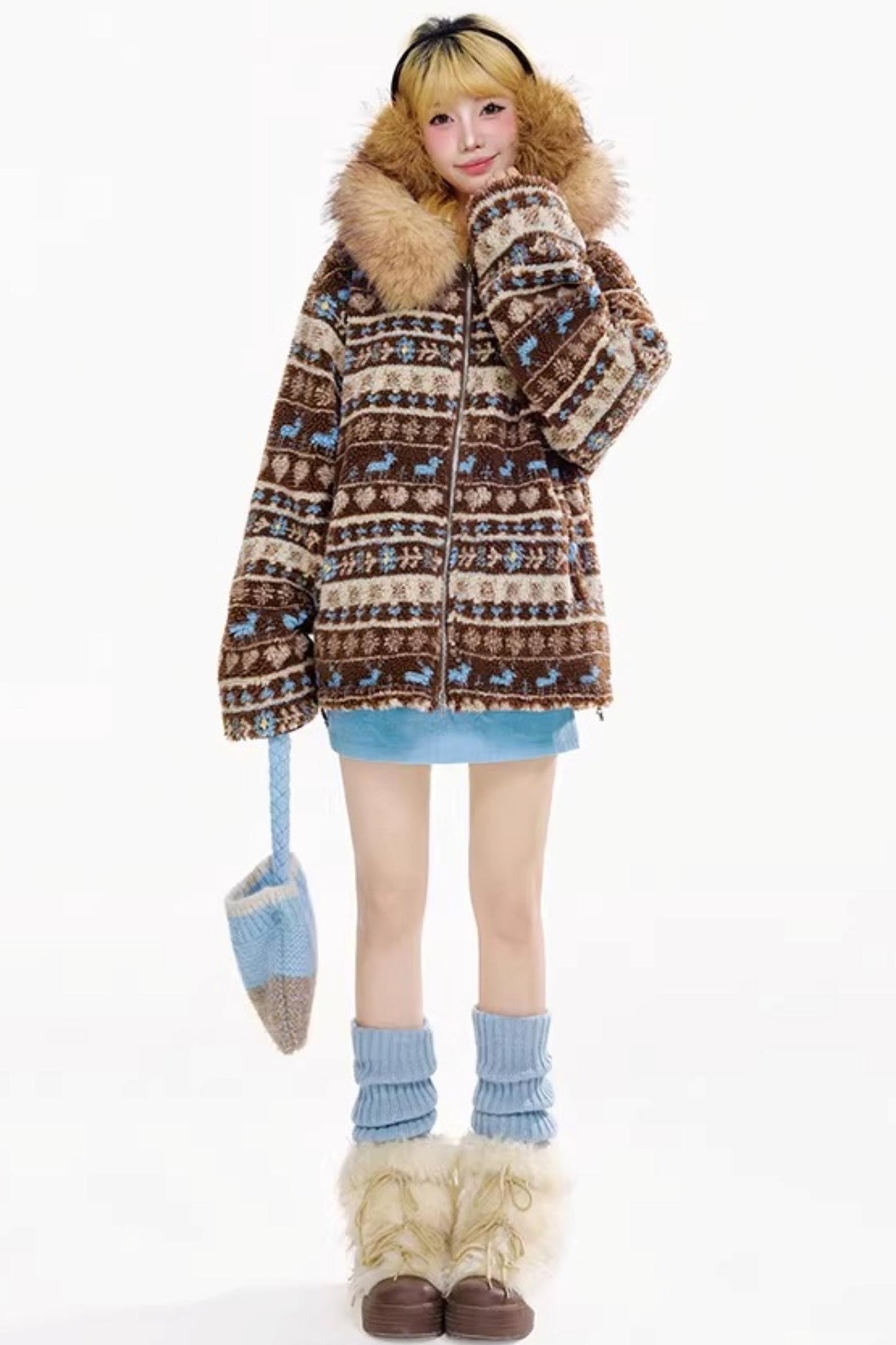 Fair Isle Lamb Wool Hooded Jacket