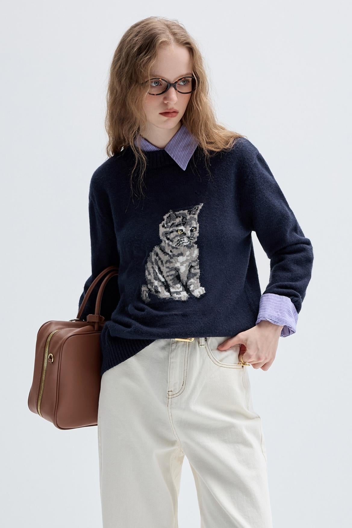 Jacquard Kitten Embroidered Crewneck Top