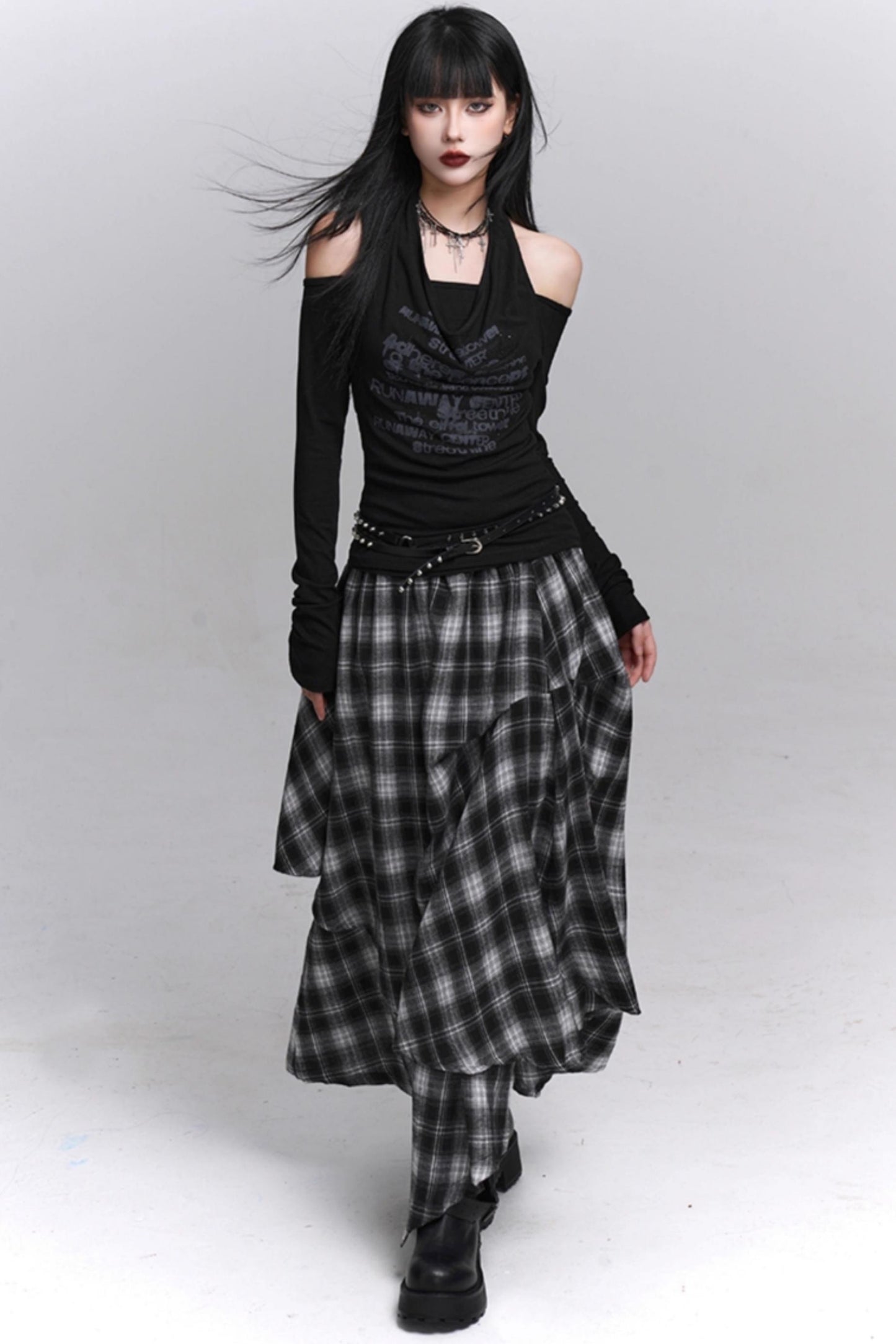 Gray Black Plaid Pleated Skirt