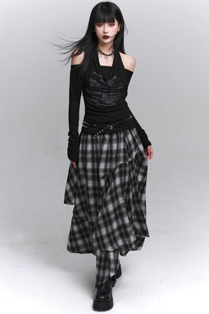 Gray Black Plaid Pleated Skirt