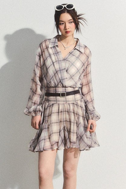Recoin Sheer Plaid Ruffle A-Line Dress