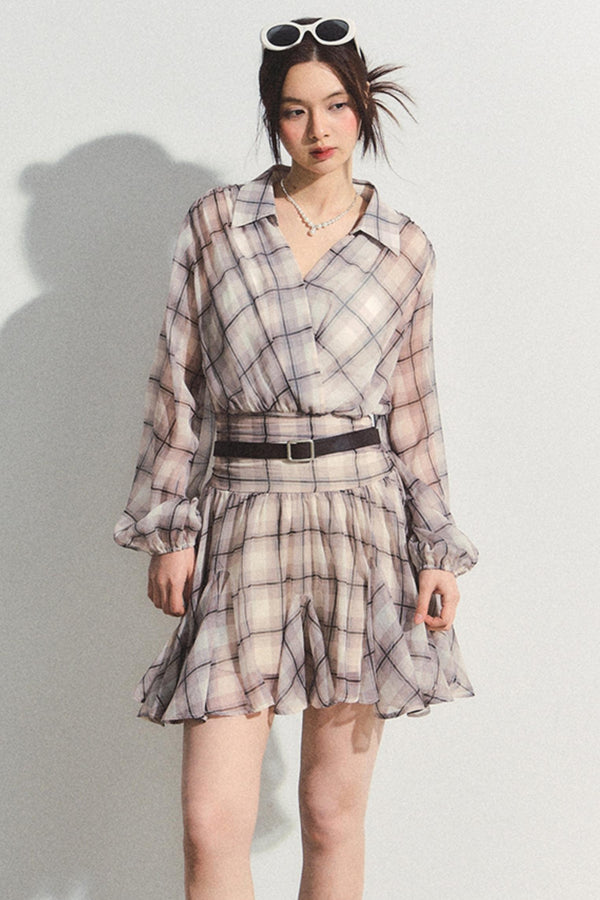 Recoin Sheer Plaid Ruffle A-Line Dress