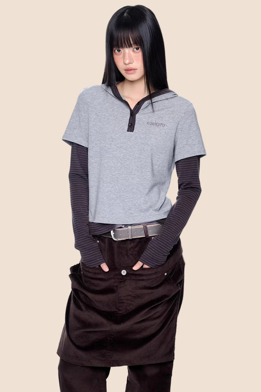 Striped Color-Block Henry Collar Top