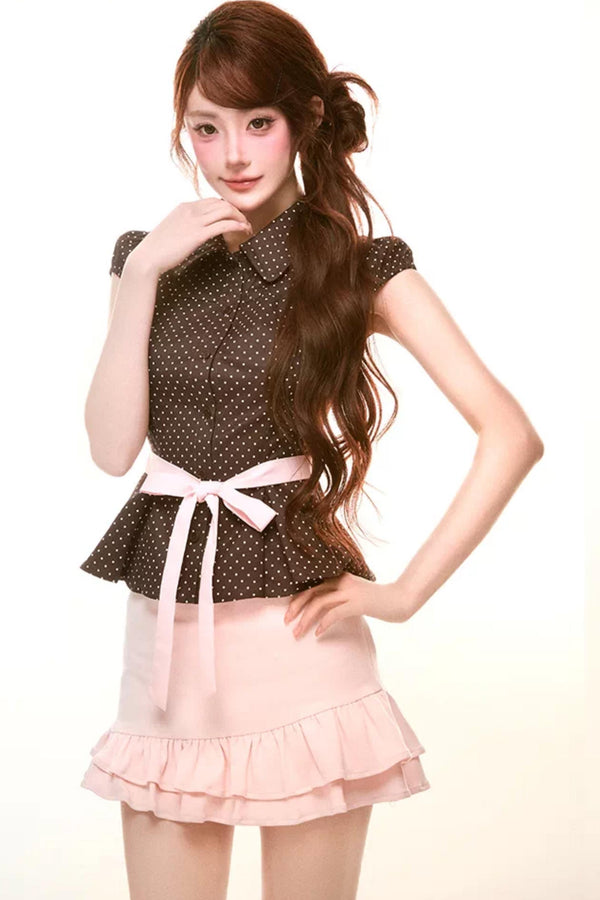 Milk Coffee Vintage Bow-Tie Top Skirt Set-Up