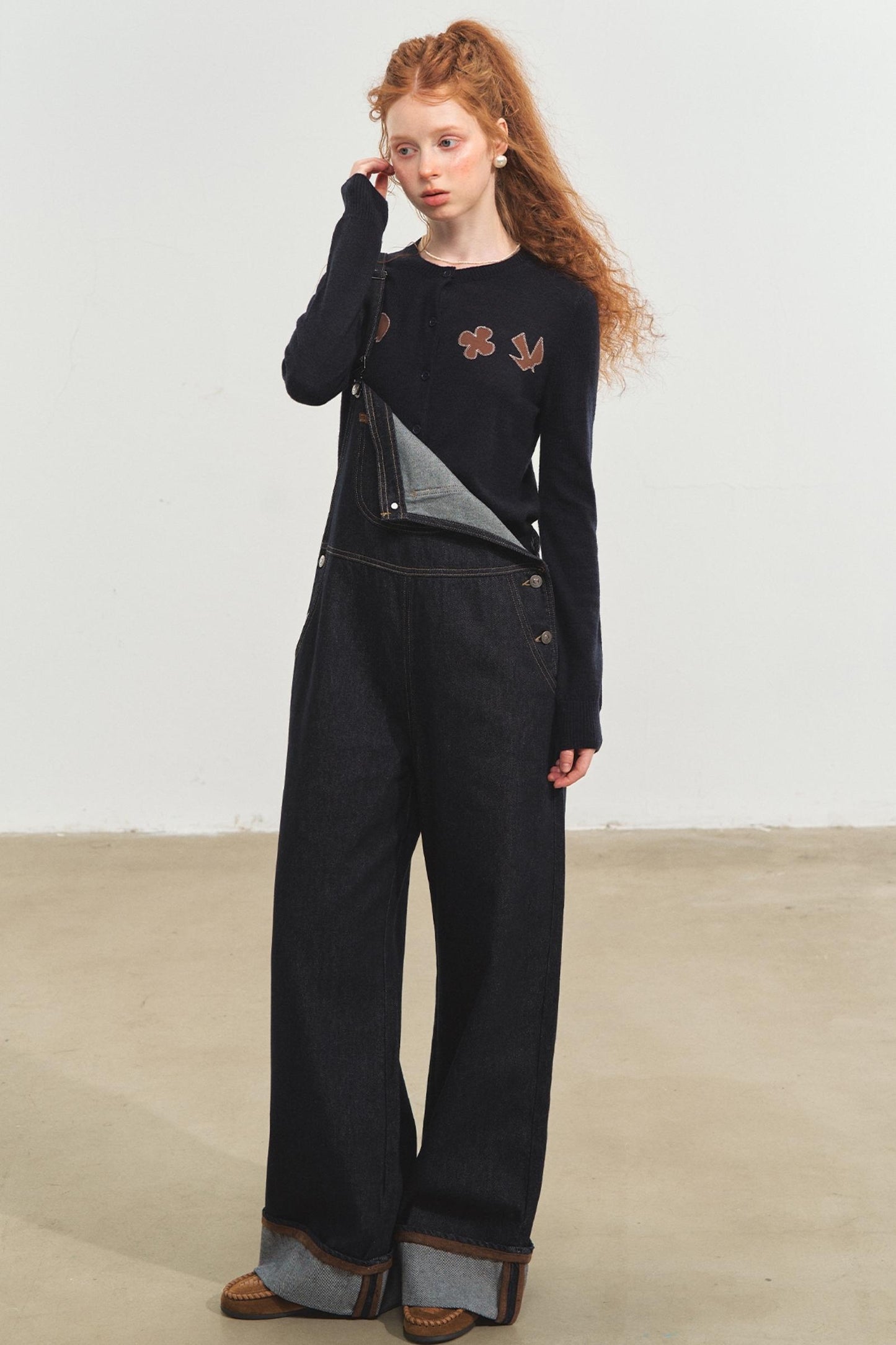 Dark Blue Denim Cuffed Overalls Pants