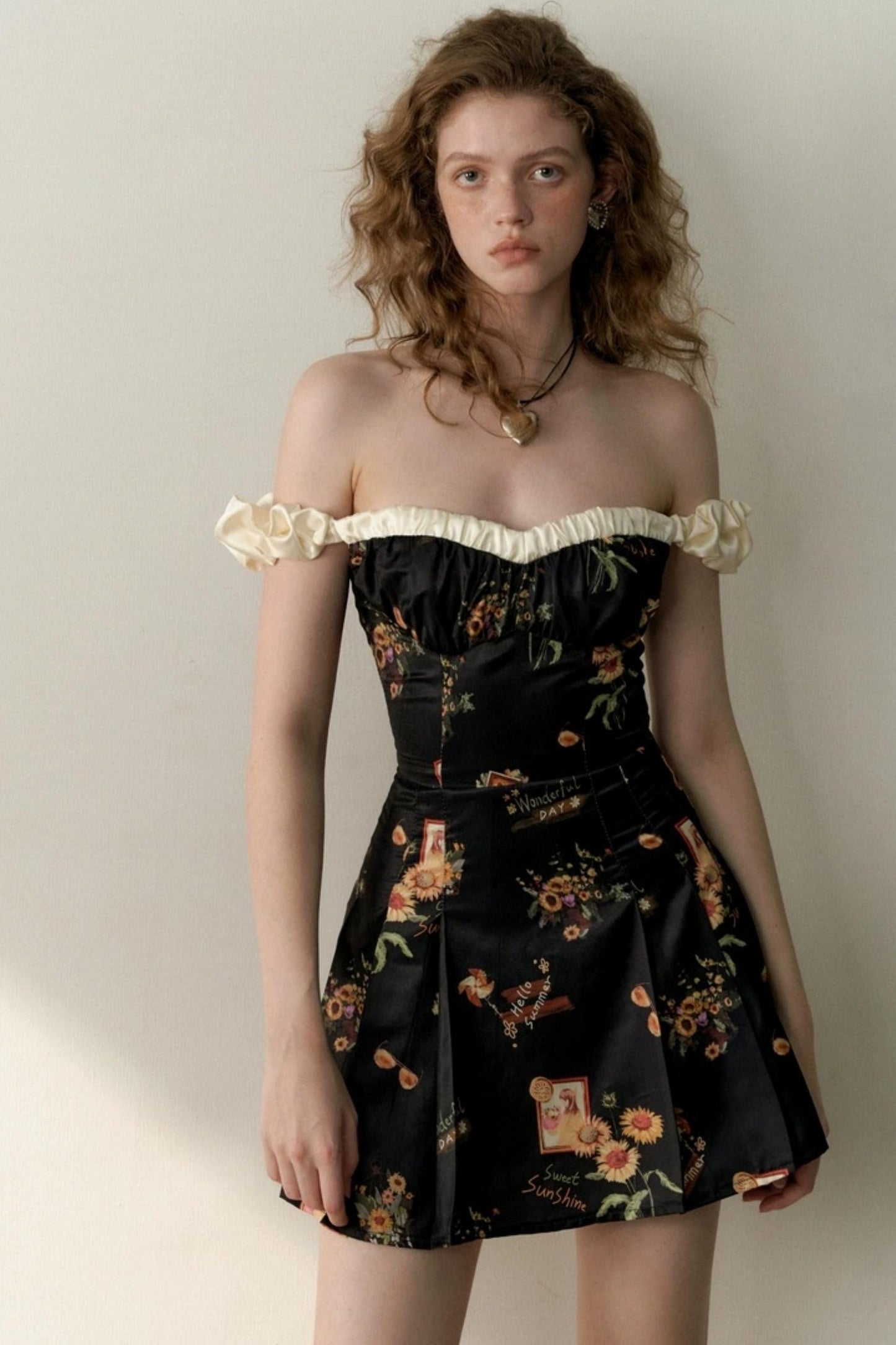 Floral One-Shoulder Black Bustier Dress
