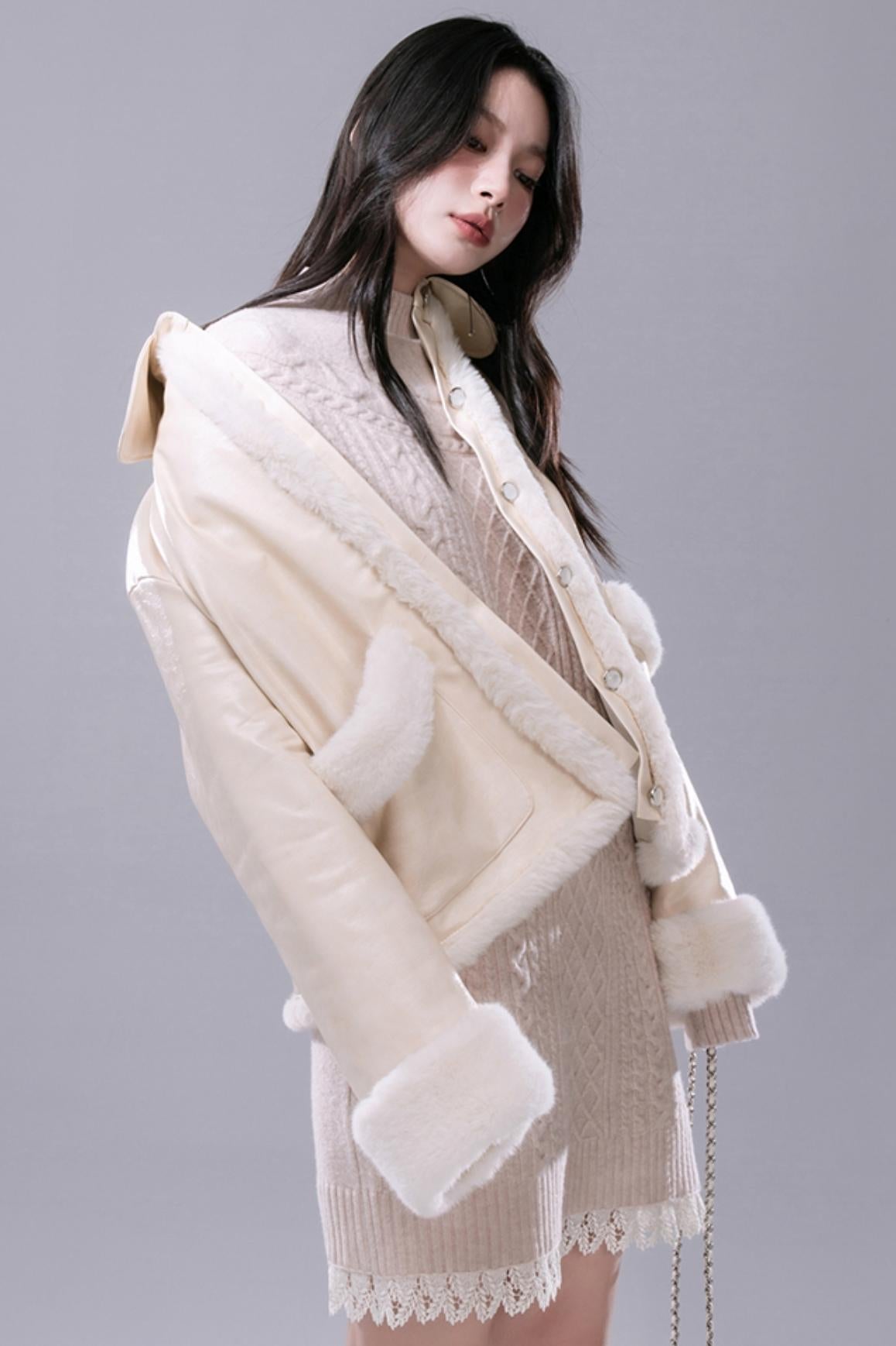 COTRE oak cream wool panelled leather coat