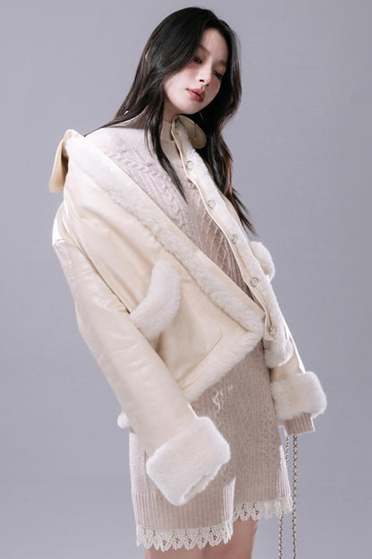 COTRE oak cream wool panelled leather coat