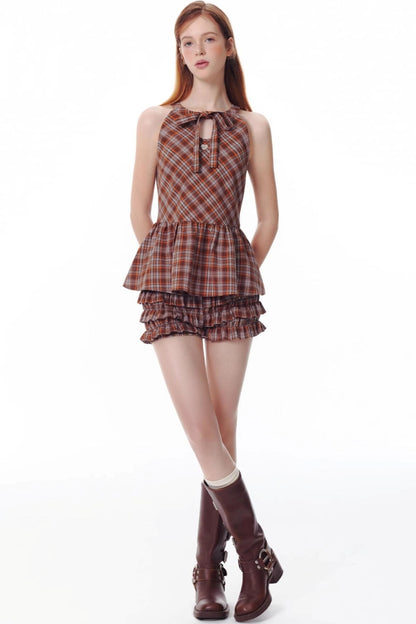 Salt Orange Plaid Ruffle Shorts