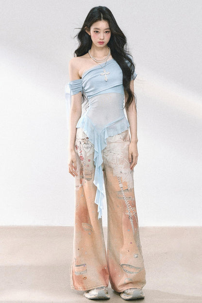 Sheer Mesh Off Shoulder T-Shirt