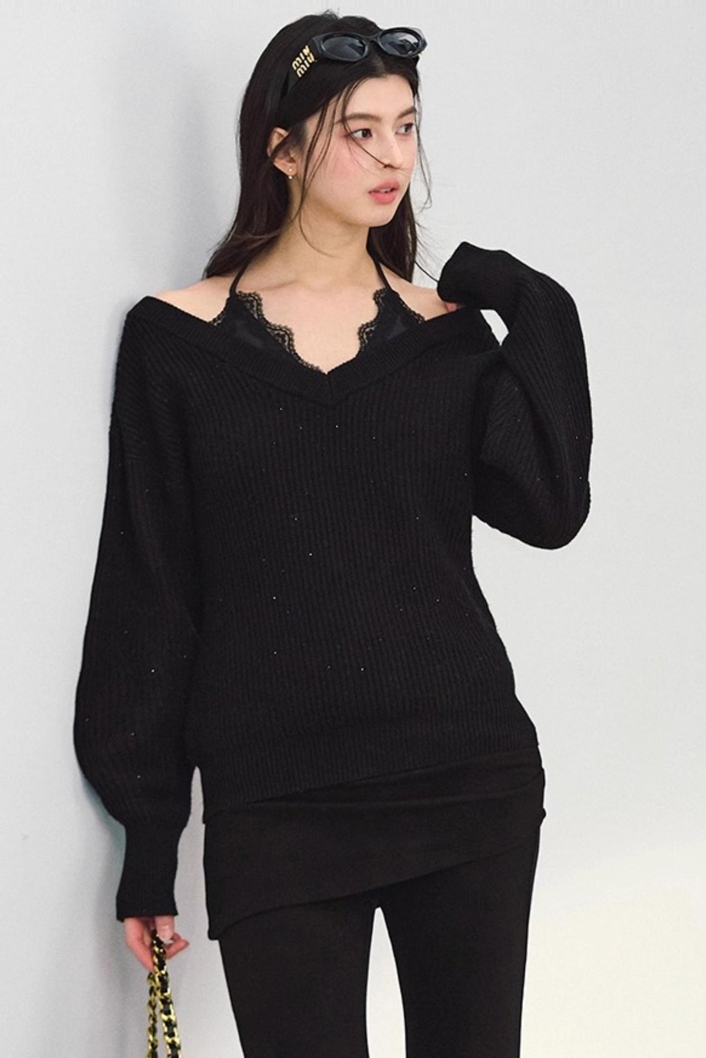 Off-Shoulder Black V-Neck Knit Sweater