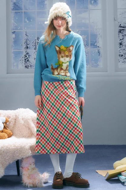 Cat Pattern Blue U Neck Sweater