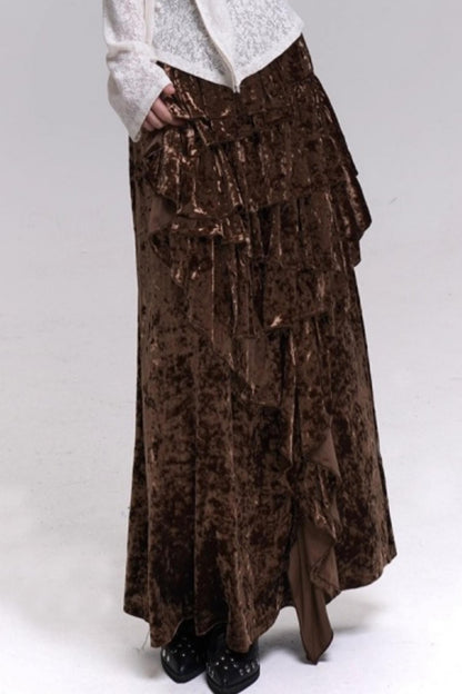 Velvet Irregular Hem Long Skirt