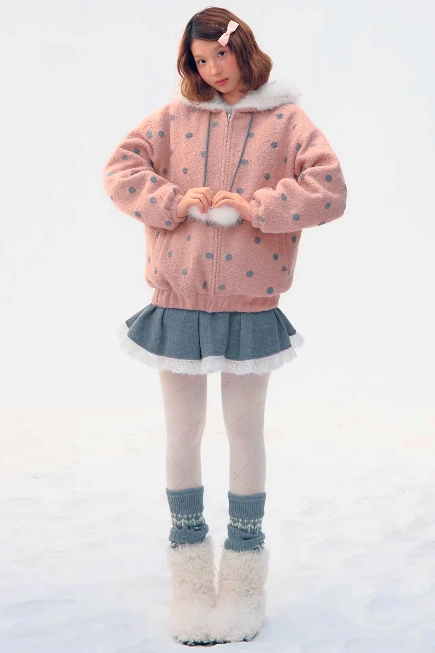 Pink Gray Polka Dot Hooded Jacket