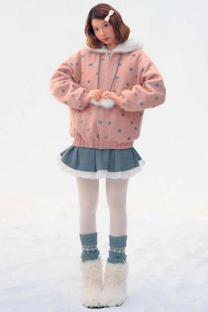 Pink Gray Polka Dot Hooded Jacket