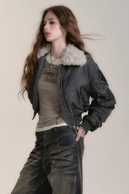 FUR COLLAR CROPPED BOMBER JACKET