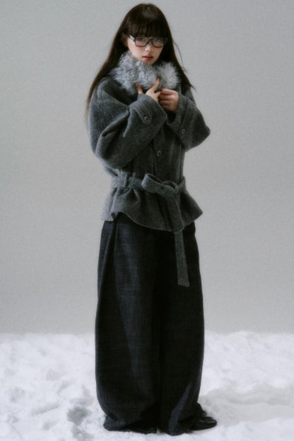 Bow Fur Collar Wool Coat