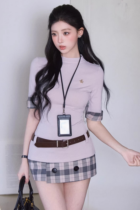 Slim-Fit Plaid Skirt Two-Piece Set-Up