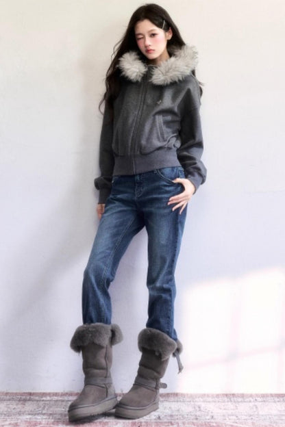 Relaxed Fur Collar Hooded Jacket