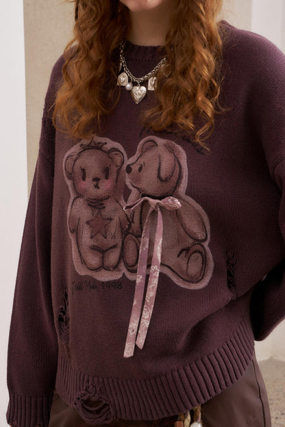 Kiss Bear Print Long Sleeve Sweater