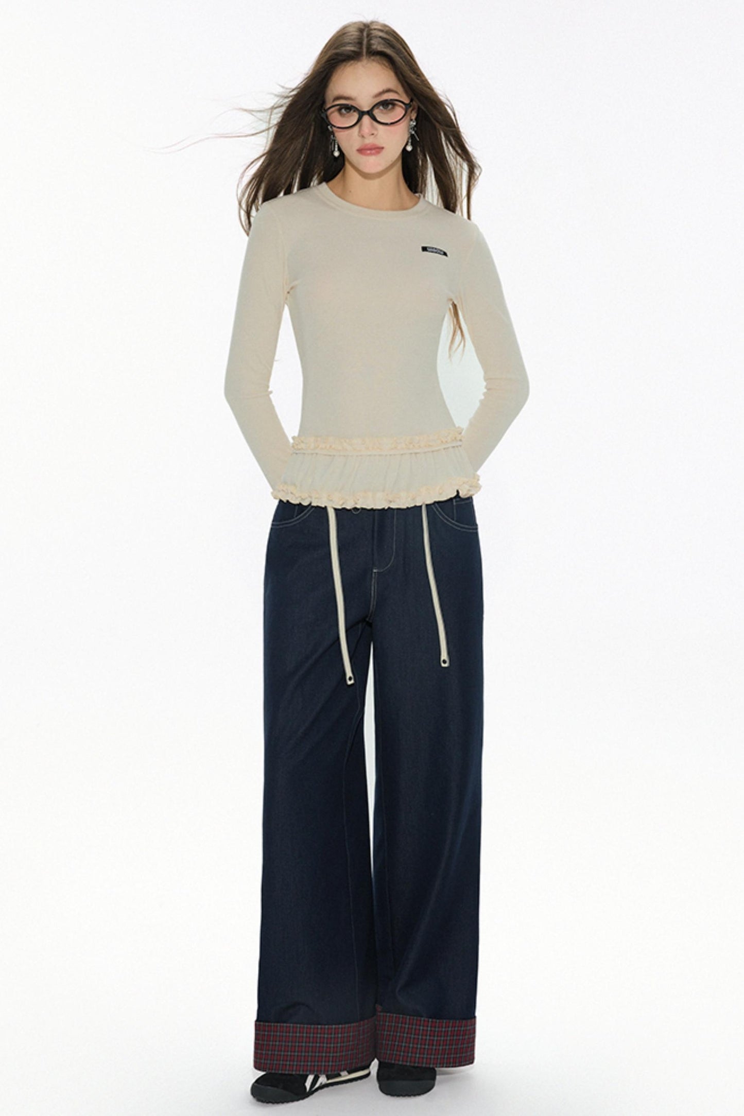 High-Waisted Navy Checkered Wide-Leg Pants