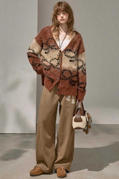 Bow Gradient V-Neck Knitted Cardigan