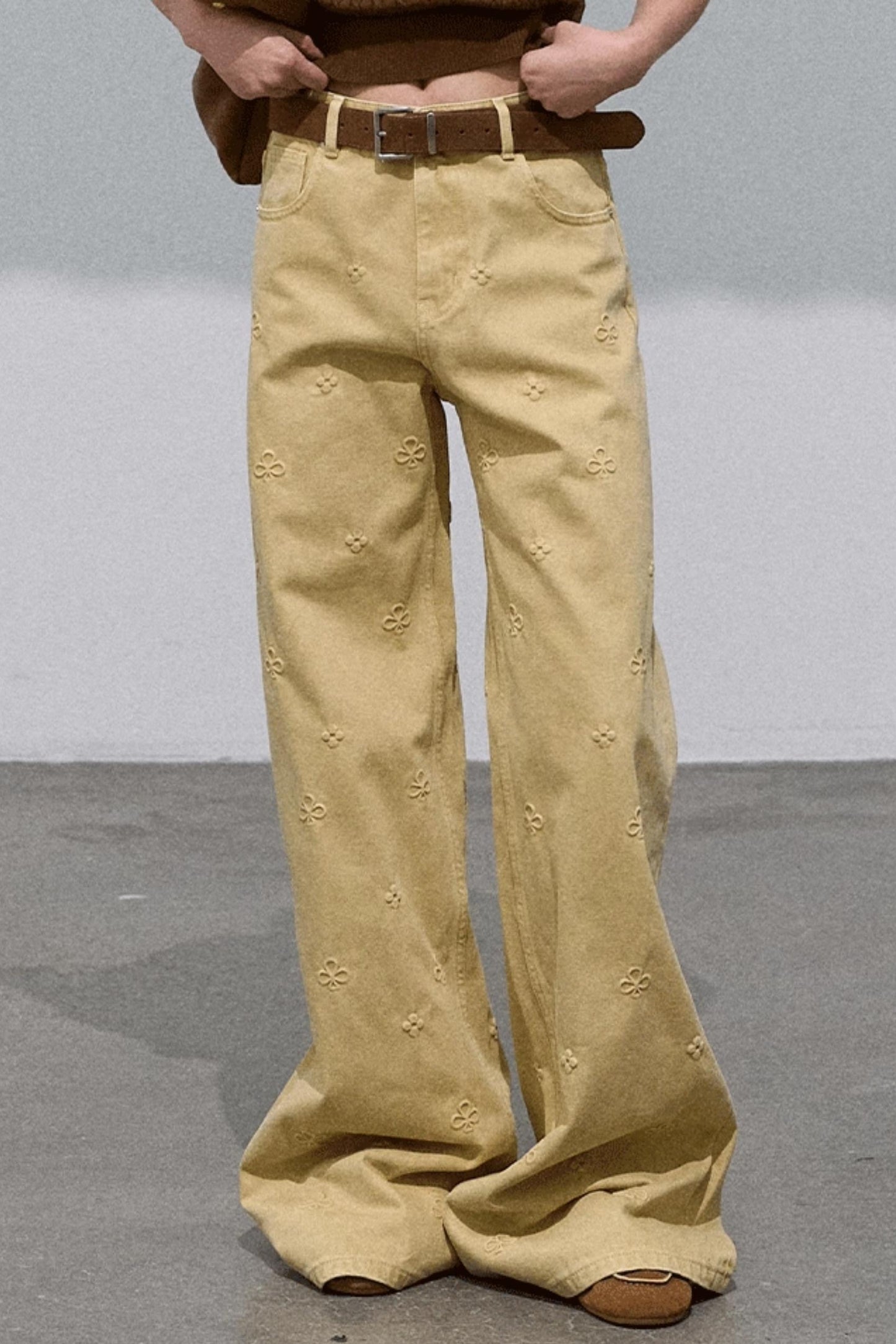 Pure Cotton Embossed High Waist Wide-Leg Jeans