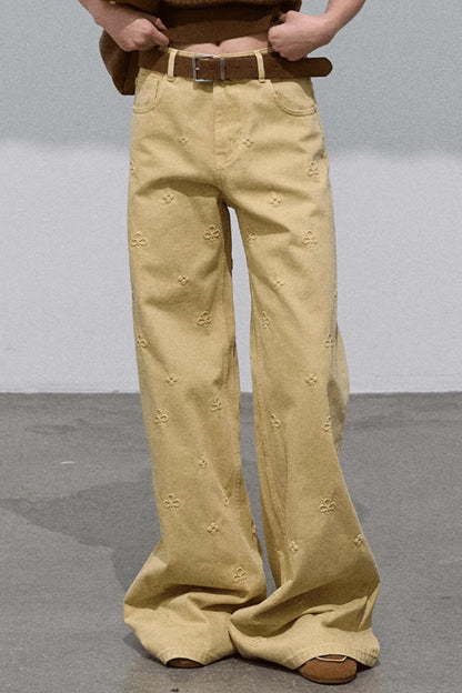 Pure Cotton Embossed High Waist Wide-Leg Jeans