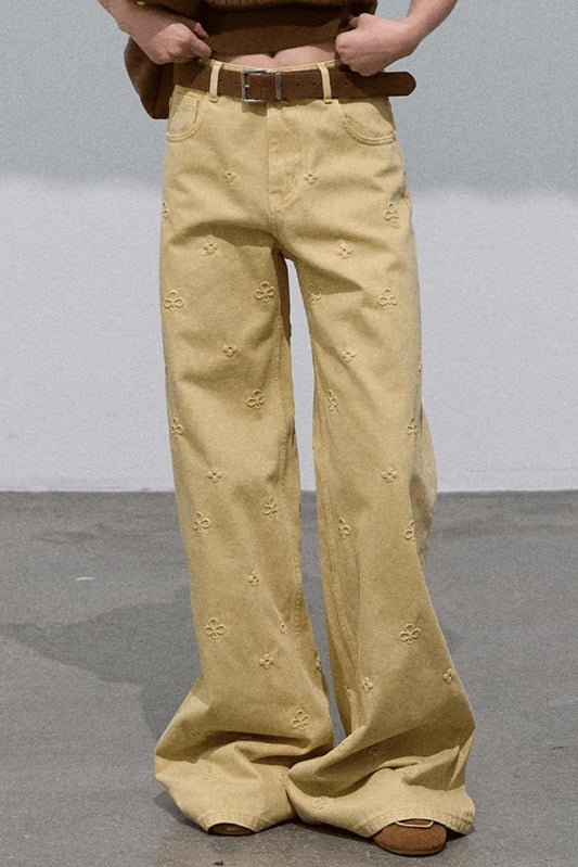 Pure Cotton Embossed High Waist Wide-Leg Jeans