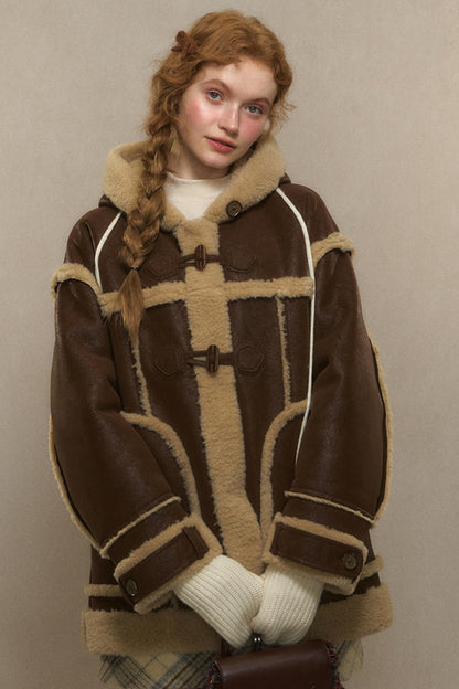 LOLOL ® 24FW Brown Small Man Hooded Horn Button Lambswool Jacket Women's Winter Fur All-in-One Cotton Suit