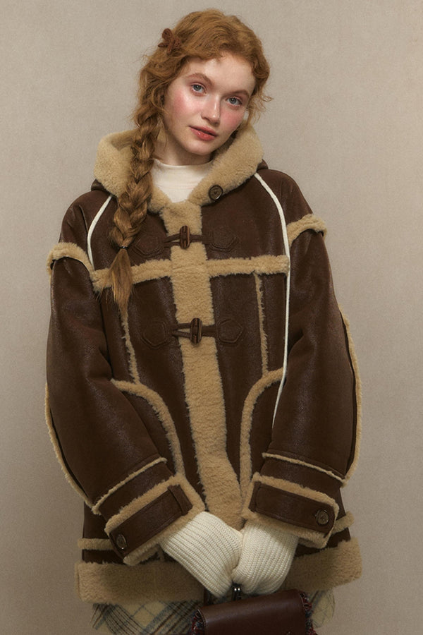 Brown Hooded Lambswool Jacket With Horn Buttons