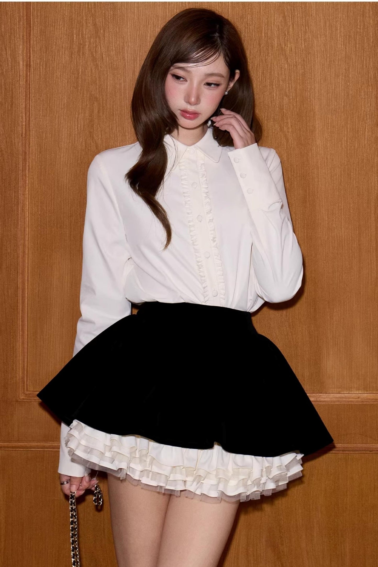 Velvet Patchwork Long-Sleeve Shirt Set-Up