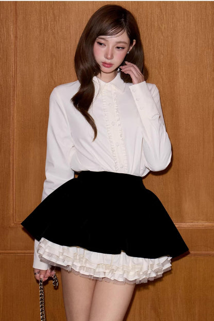 Velvet Patchwork Long-Sleeve Shirt Set-Up