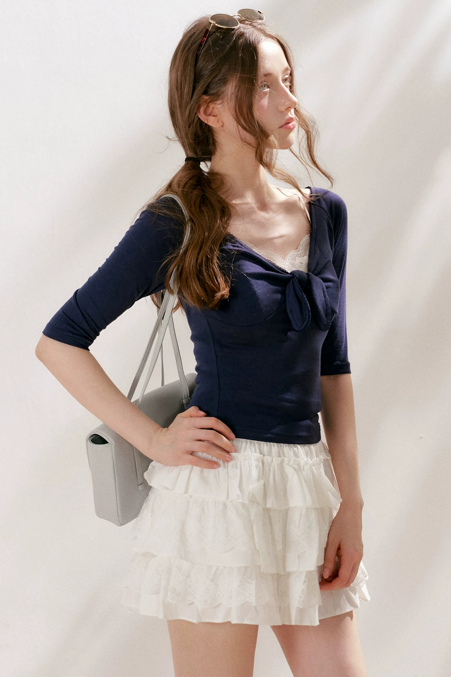 French Wave Lace Bow Blouse
