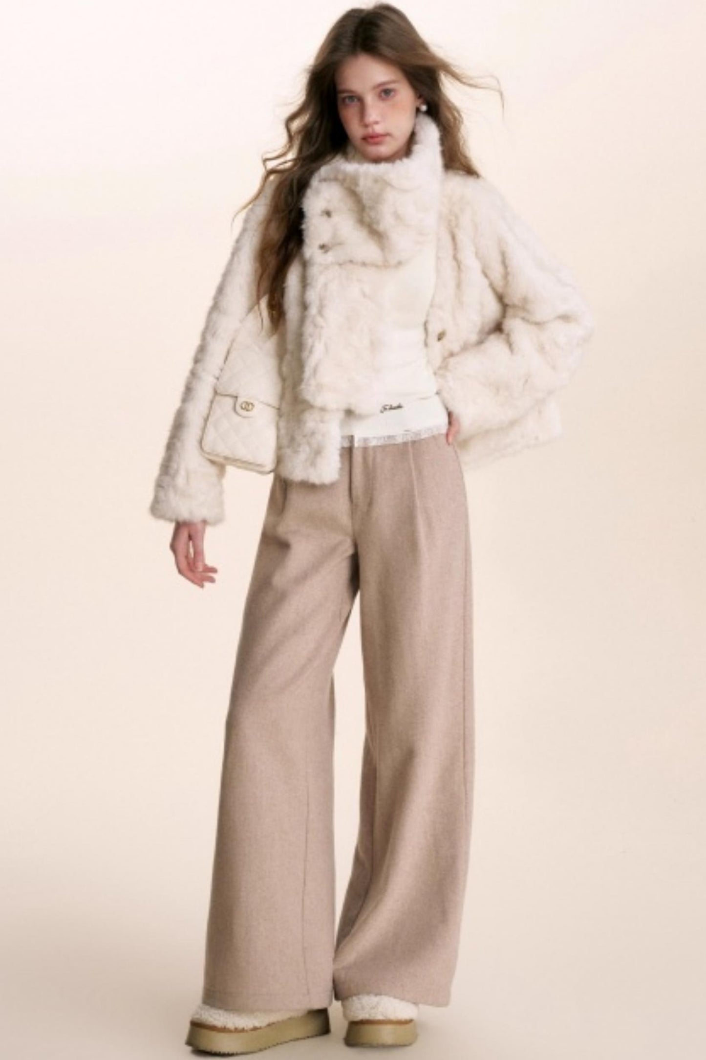 Lace Patchwork Wool Wide-Leg Pants