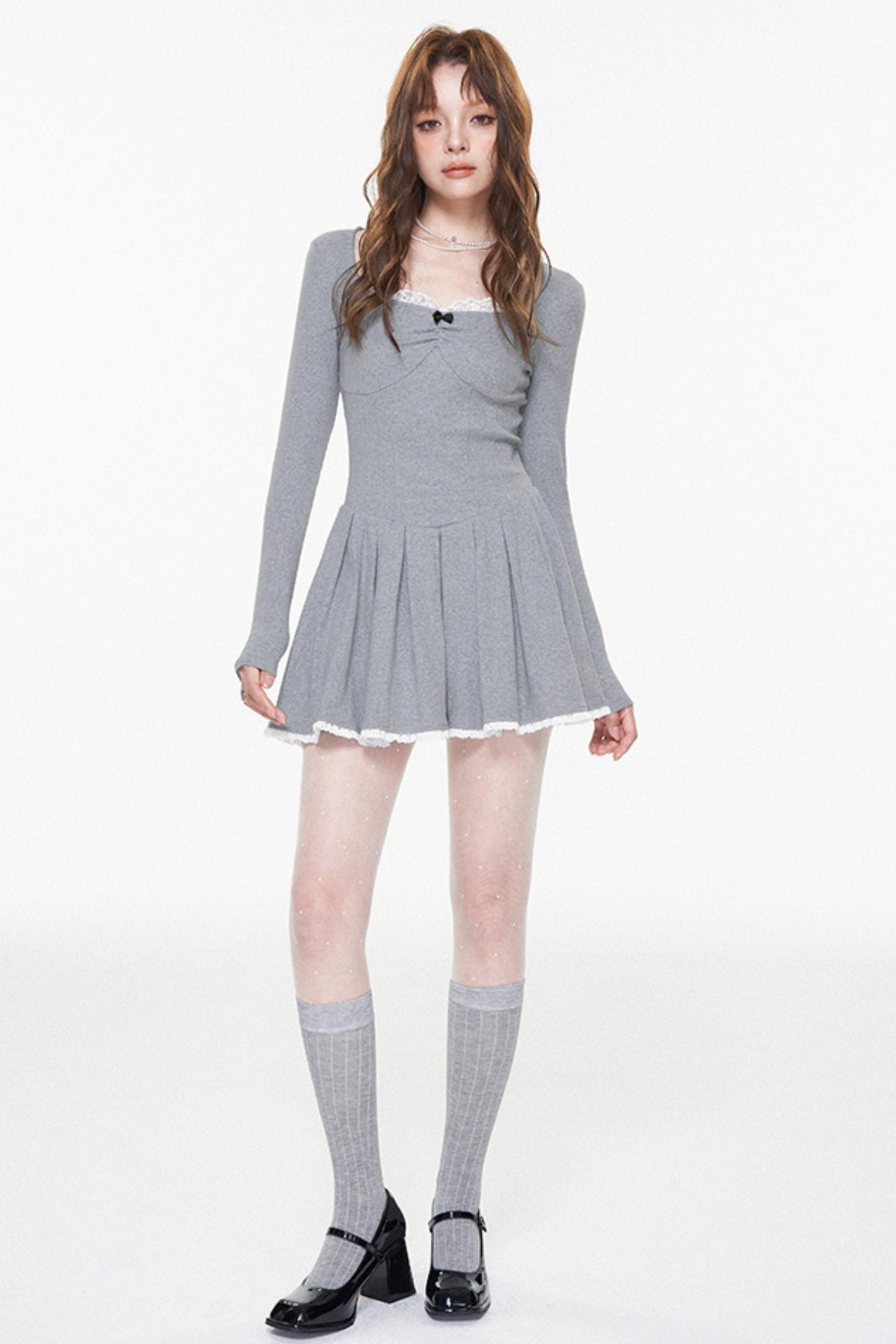 Gray Lace Bow-Detail U-Neck Dress