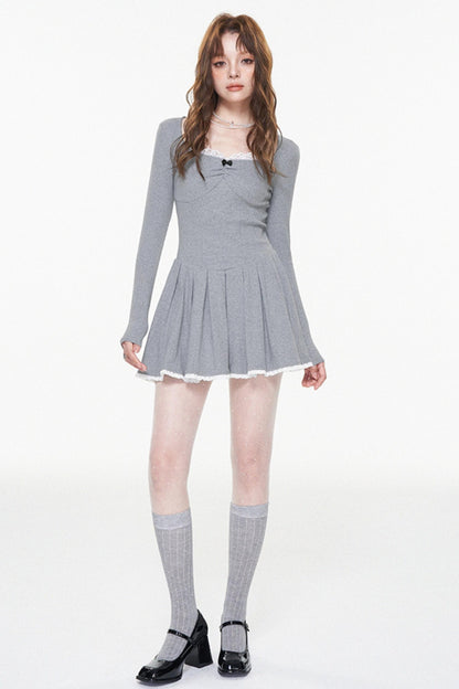 Gray Lace Bow-Detail U-Neck Dress