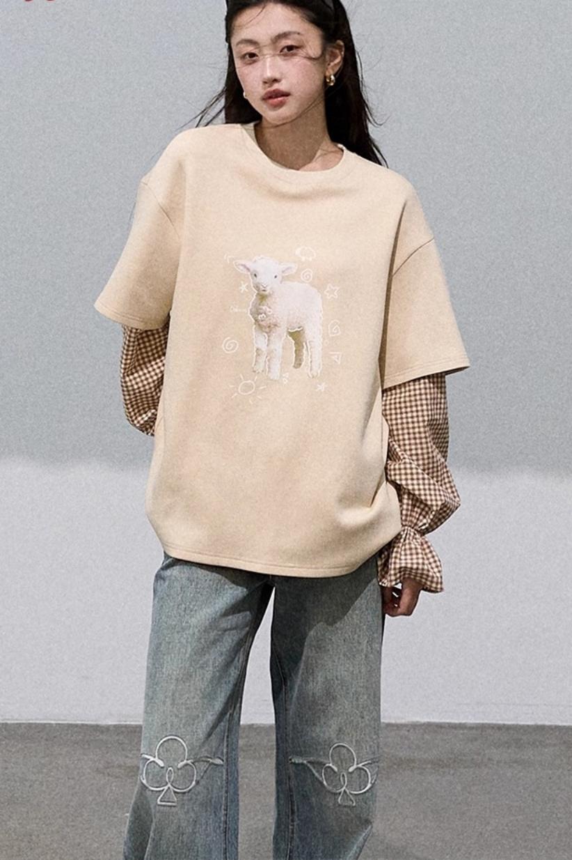 Lyocell Cotton Patchwork Plaid Sweatshirt